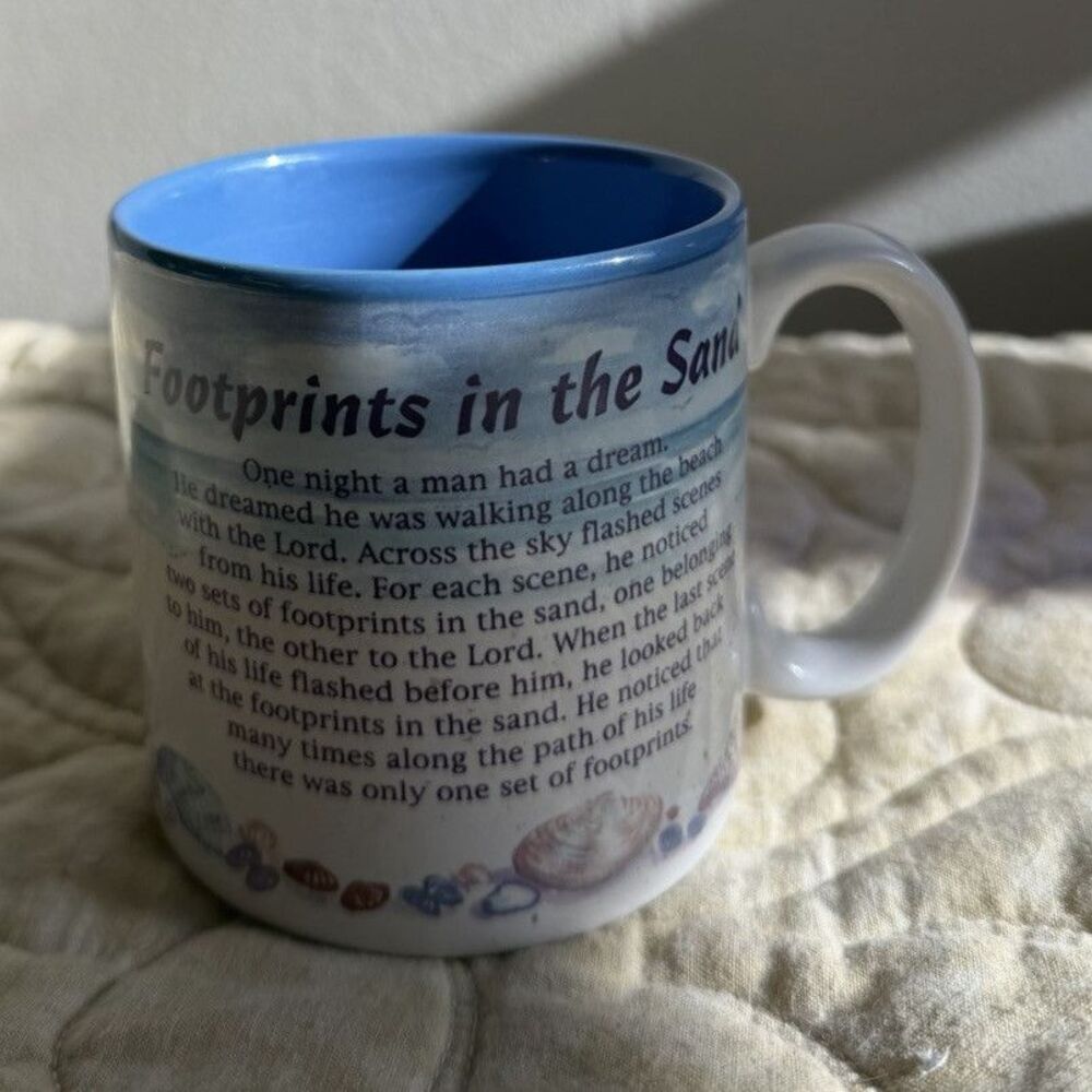 Vintage "Footprints in the Sand" Mug, Beach, Sand Blue Interior 1996